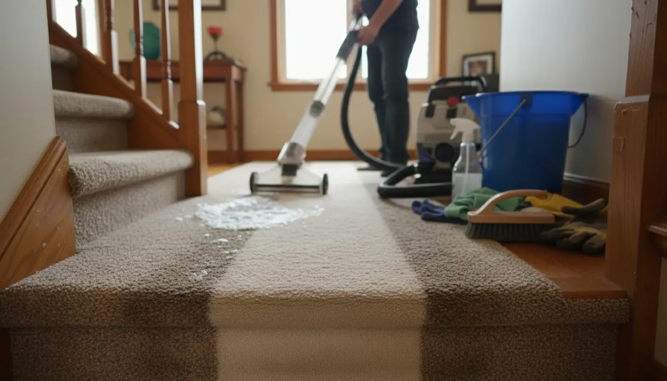 Professionel renser et slidt væg‑til‑væg gulvtæppe i entré og på trappe med maskine, med en ren stribe der viser før/efter.