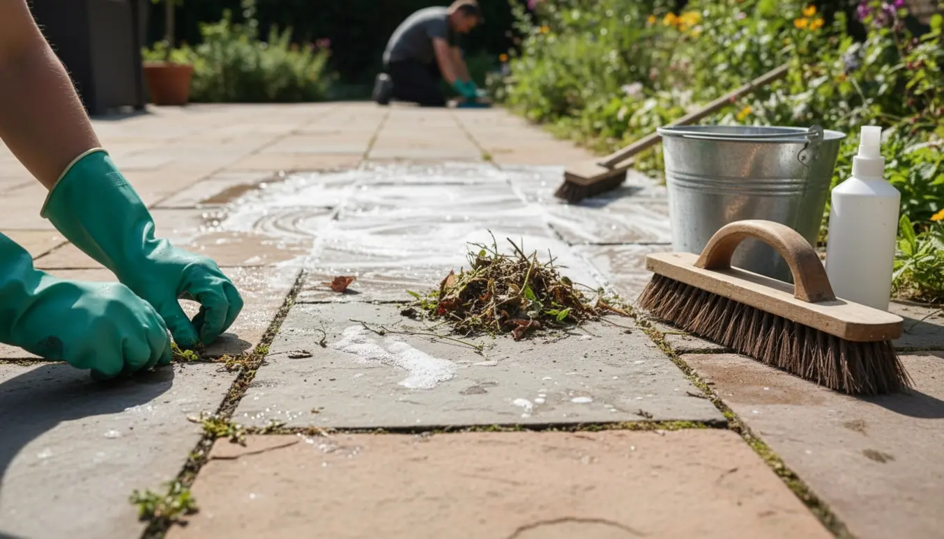 Hænder i handsker fjerner ukrudt, fejer og skrubber fliserne i en solbelyst havedæk.