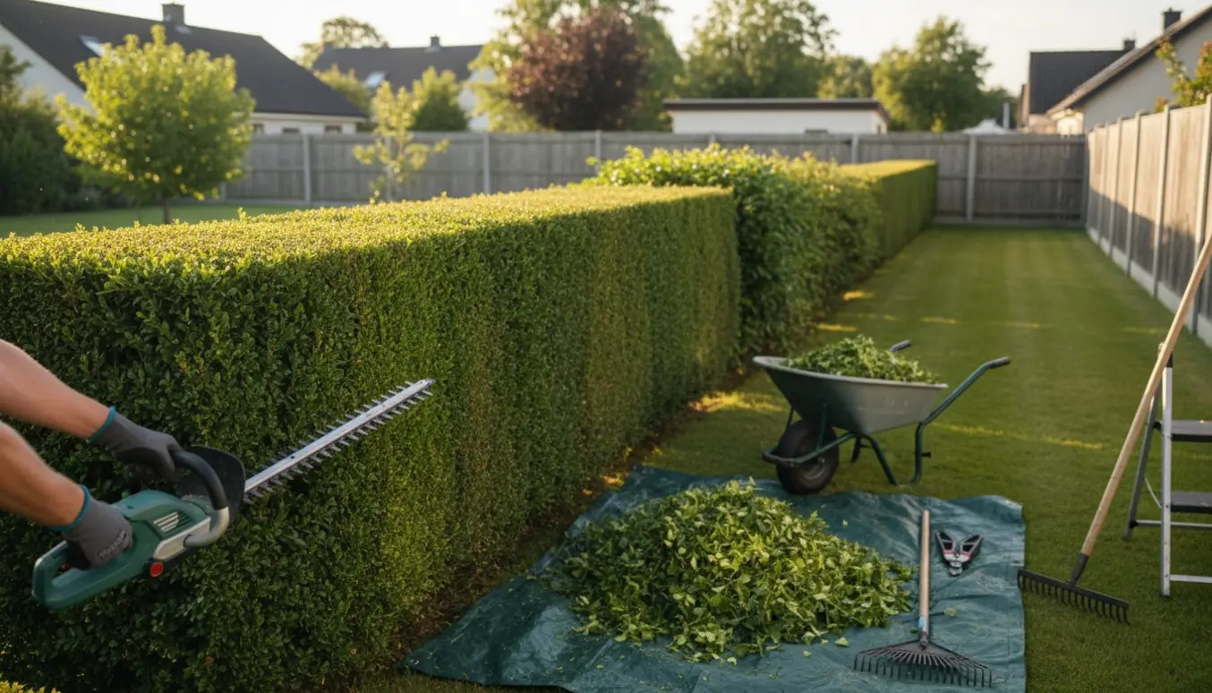 Lang hæk delvist klippet med haveredskaber og opsamlede afklip i en trillebør.