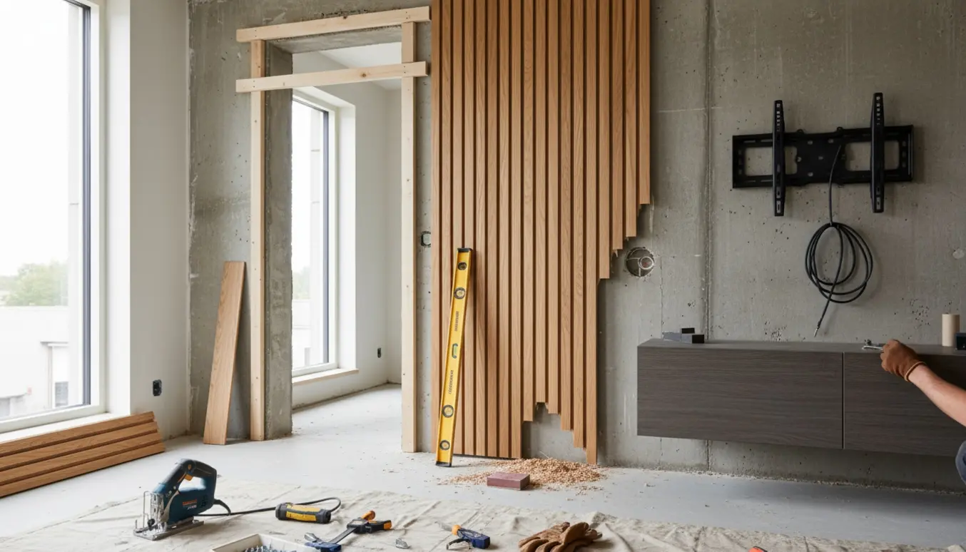 Akustiske egetræslameller på betonvæg under installation med værktøj og delvist monteret TV-møbel.