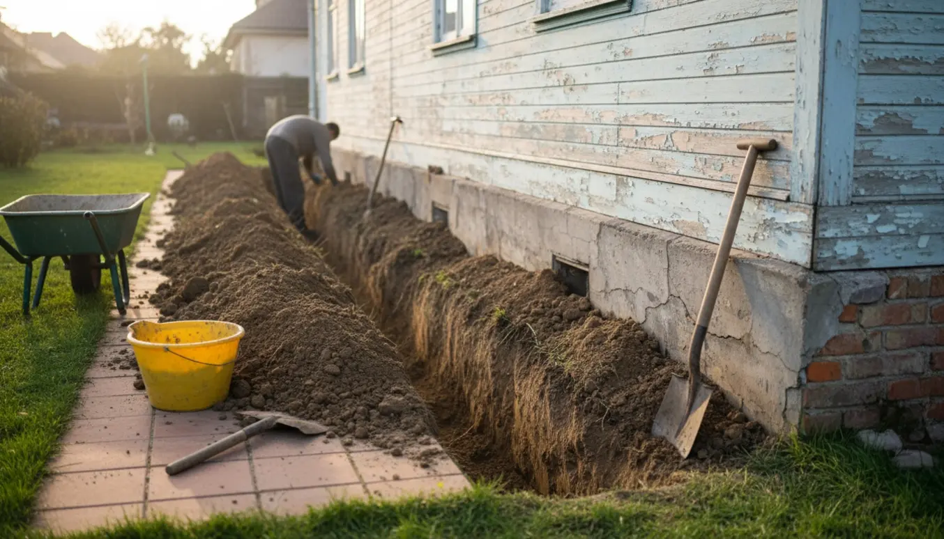 Udgravning langs husmuren med åben rende, skovl og murerspand ved siden af.