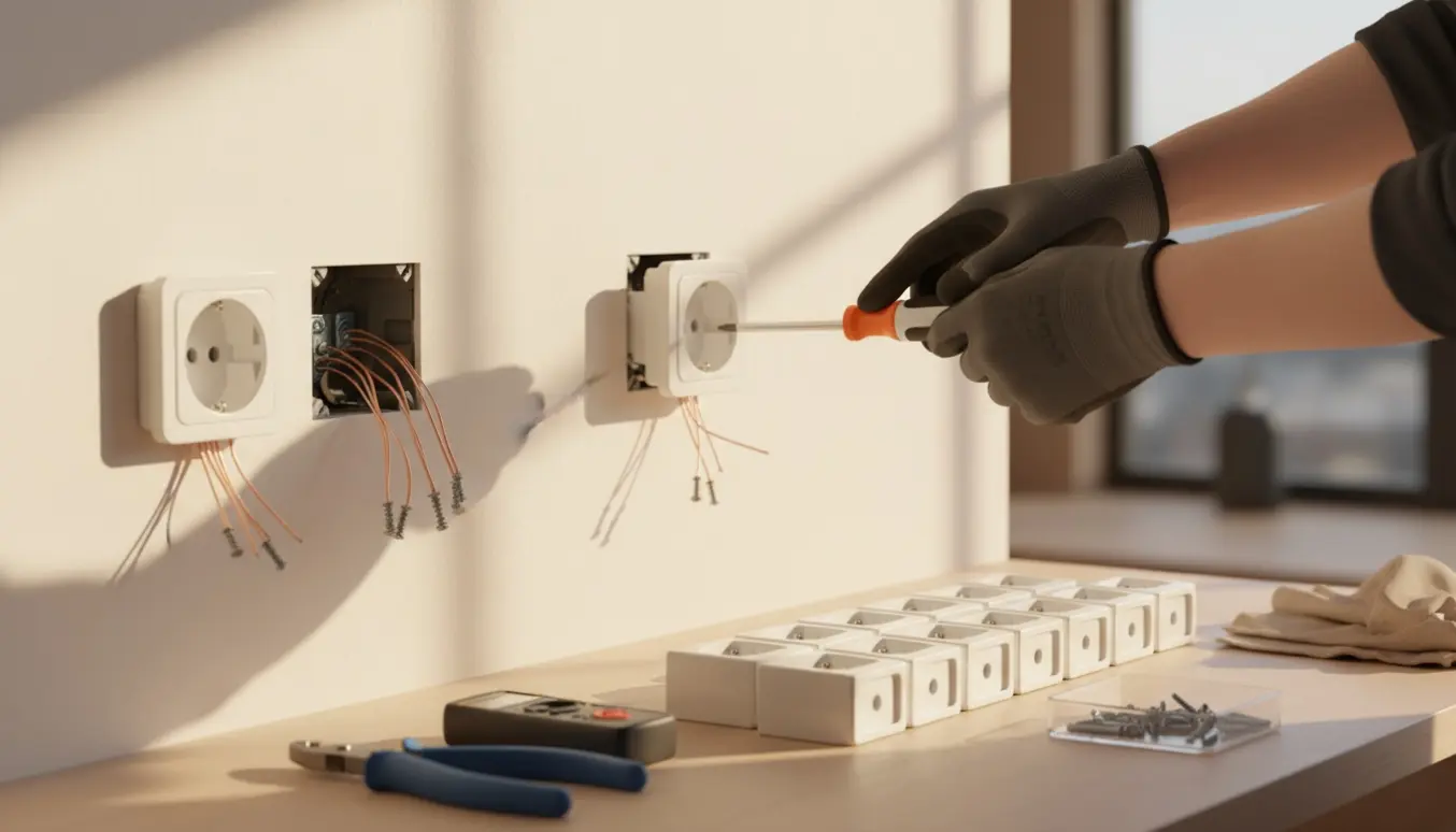 Nærbillede af en elektriker uden synligt ansigt, der udskifter stikkontakter med nye udtag og værktøj i varmt aftenslys.