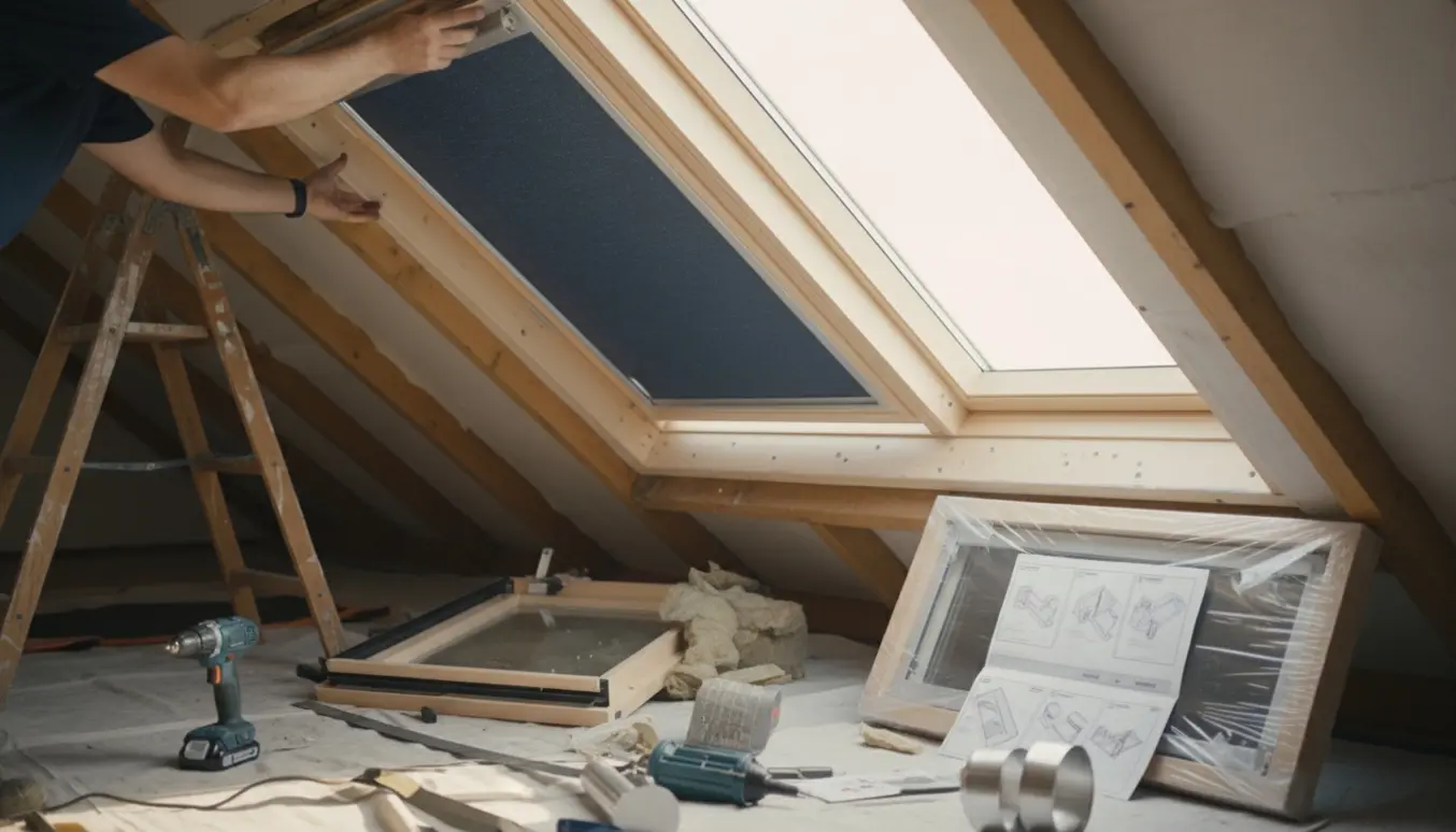 Håndværker i gang med at udskifte et ovenlysvindue i skråloft med nyt vindue med mørklægningsgardin.