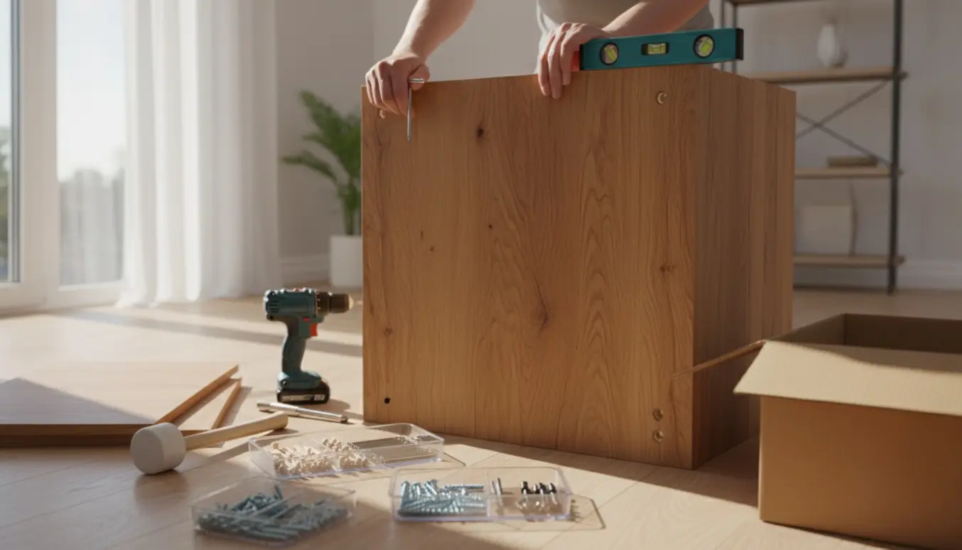 Hænder samler en ny fladpakket skab med værktøj og beslag i et lyst rum.