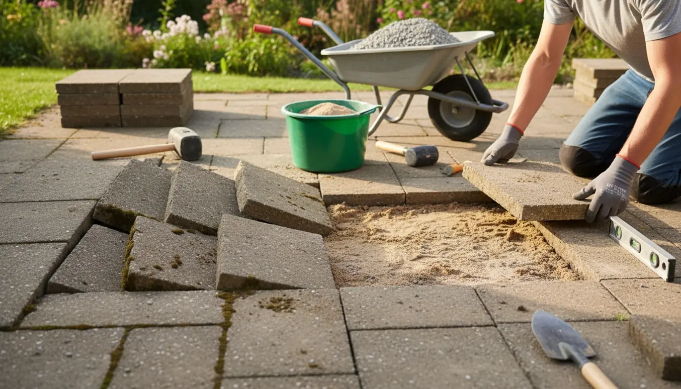 Reparation af sænkede fliser på en terrasse med handsker, værktøj og frisk sand.