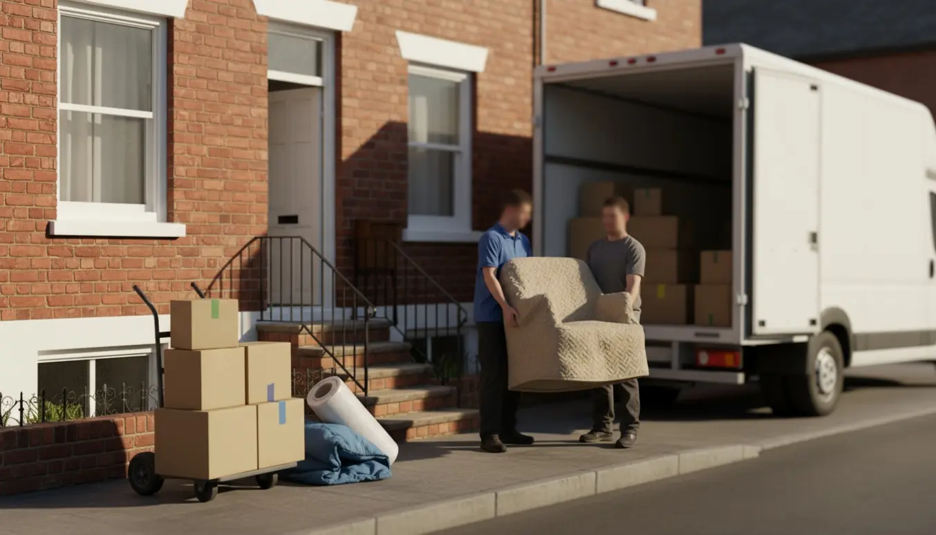 Flyttekasser og indpakkede møbler ved indgangen til et lille rækkehus med en åben flyttebil i baggrunden.