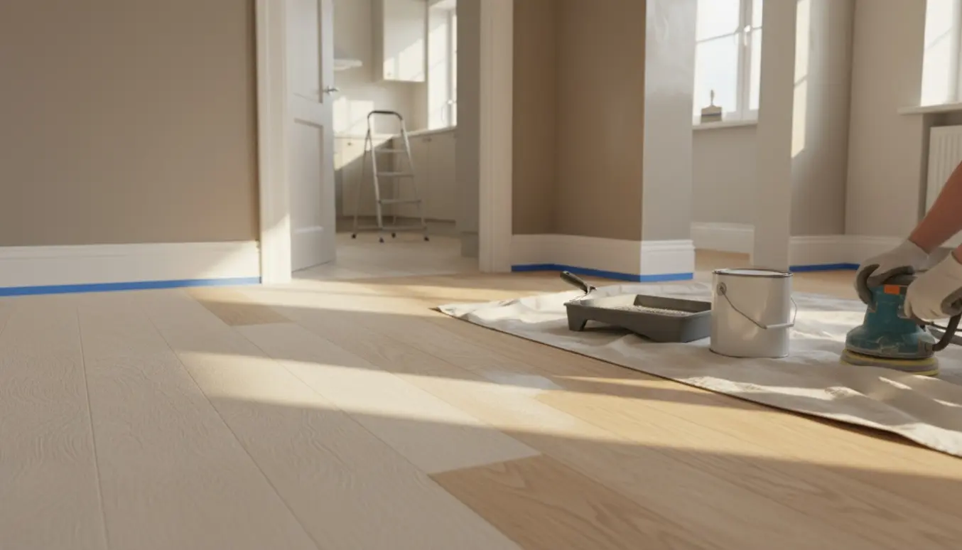 Et nærbillede af et gulv under slibning med malerudstyr og nymalede vægge i baggrunden.