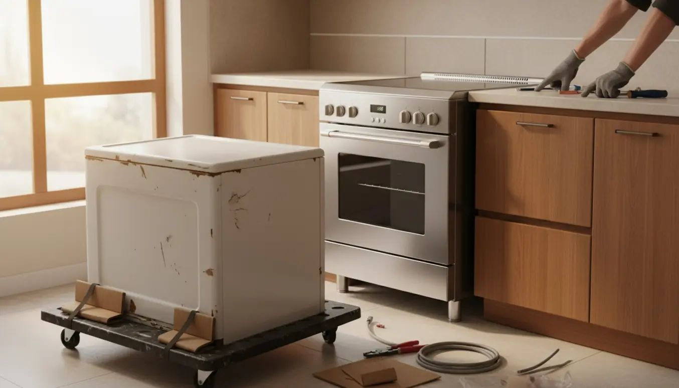 Ny fritstående ovn med keramisk kogeplade installeres i et lyst køkken, mens den gamle ovn står på en flyttevogn klar til bortskaffelse.