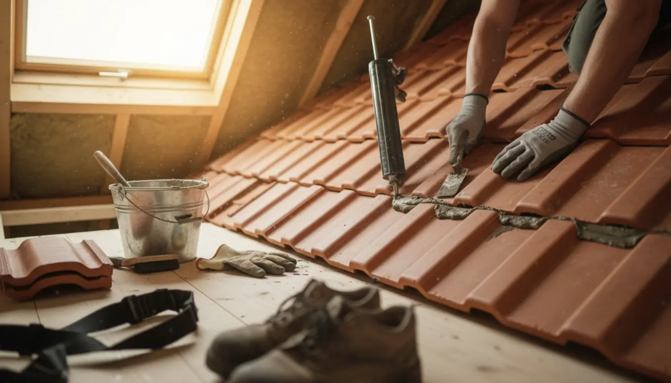 Hænder tætner tagryggen indefra loftet med fuge og mørtel på røde tagsten.