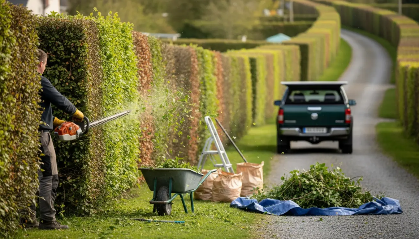 En 2 meter høj løvhæk klippes langs en vej, mens afklip samles i trillebør og på presenning.