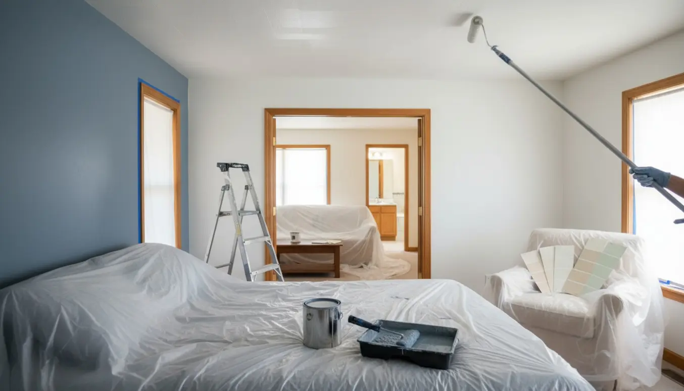 Maler dækker møbler og ruller hvid maling på loftet i et soveværelse med en blågrå accentvæg og kig mod stue og badeværelse.