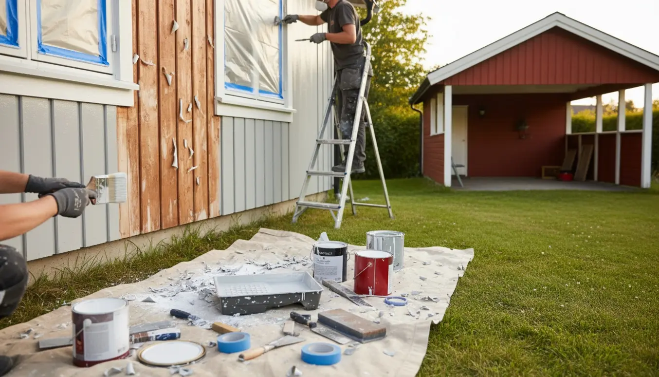 Kvist under afrensning og grunderpåføring foran et svenskrødt skur og carport med hvide kanter.