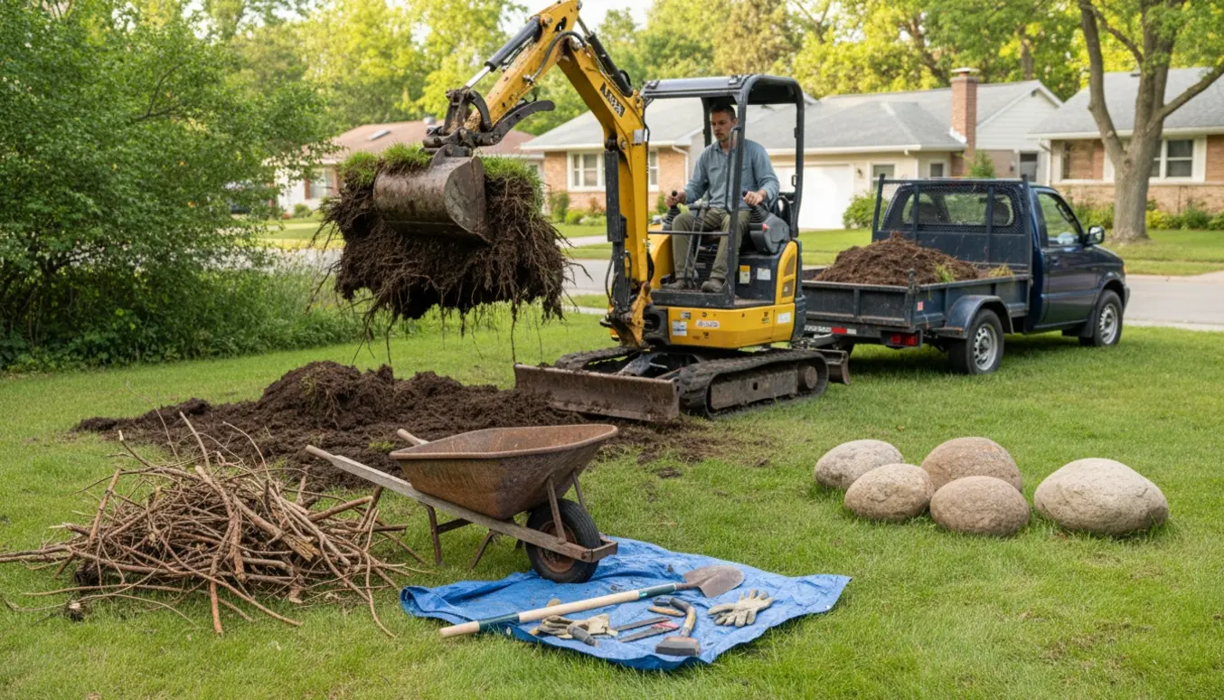 Minigraver fjerner et blomsterbed, med jord, grene og fire kampesten ved en trailer klar til bortkørsel.