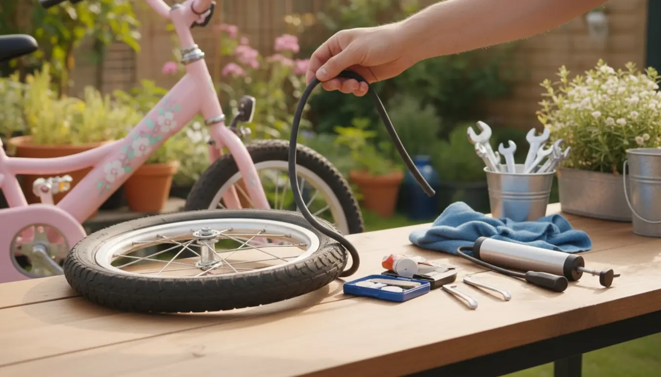 Hænder lapper forhjul på en lille pigecykel med lapningssæt og pumpe i baghaven.