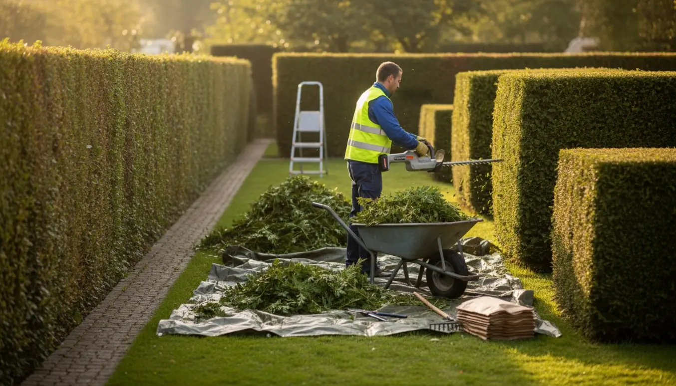 En havearbejder klipper og rydder afklippede Thuja-hække ved en sti, med trillebør og værktøj i forgrunden.