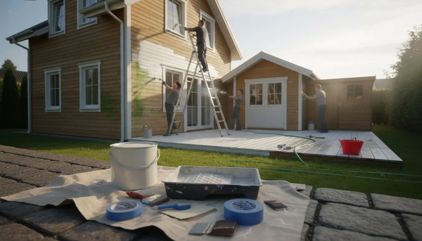 Udvendigt træværk: personer maler udhæng, skur og terrasse og påfører algefjerner på gavl.