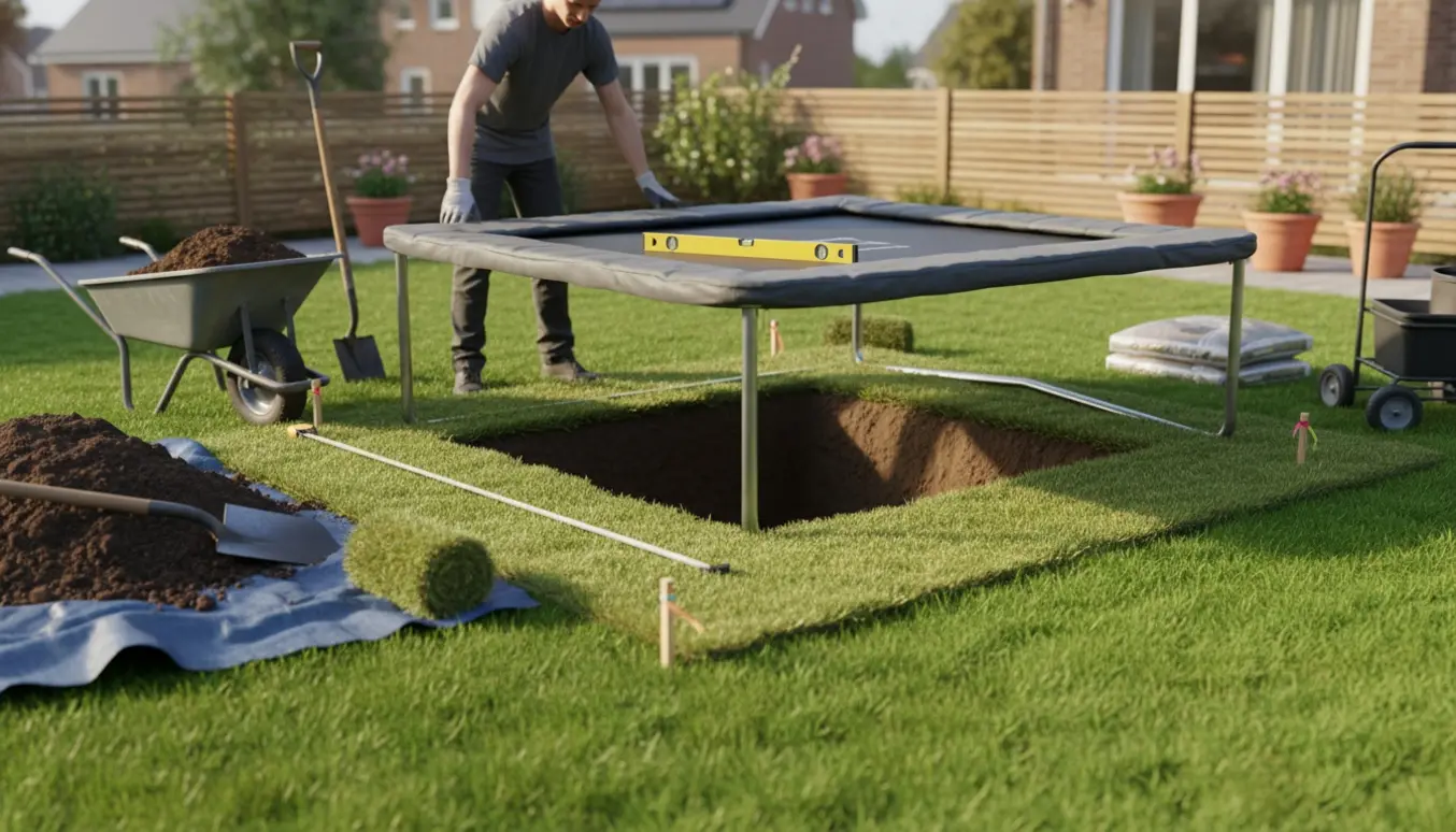 Rektangulær trampolin sænkes ned i en udgravet have med skovlet jord og en trillebør klar til bortkørsel.