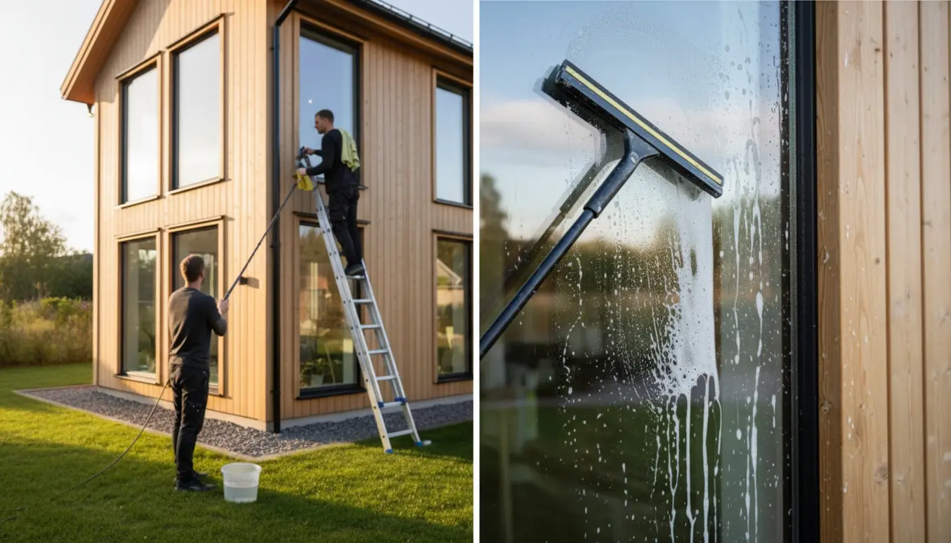 Udvendig vinduespudsning på et to-etagers hus i blødt morgendagslys med squeegee og forlængerstang.
