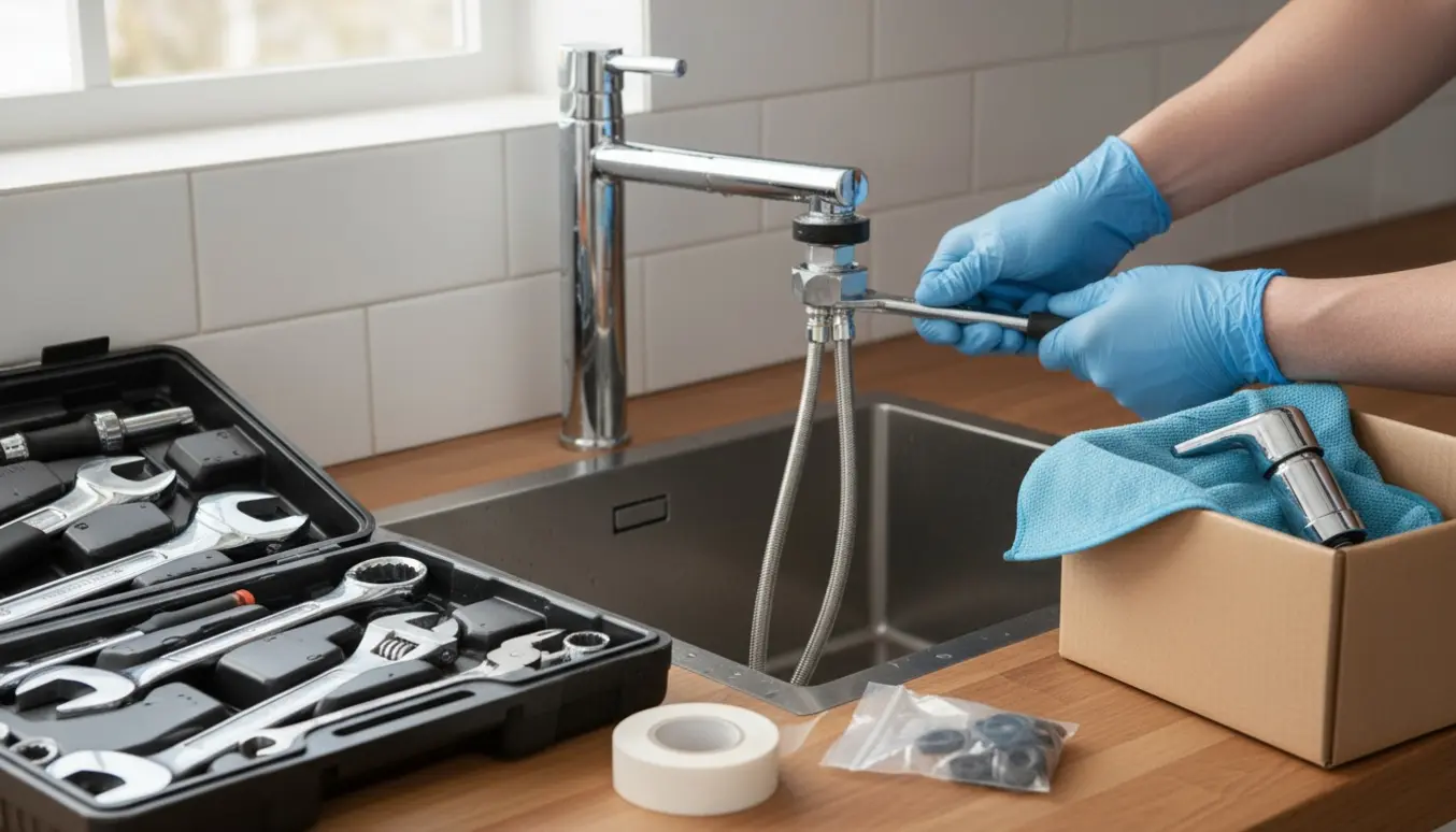 Hænder installerer et nyt krom køkkenarmatur ved en vask med værktøj og emballage på bordet.