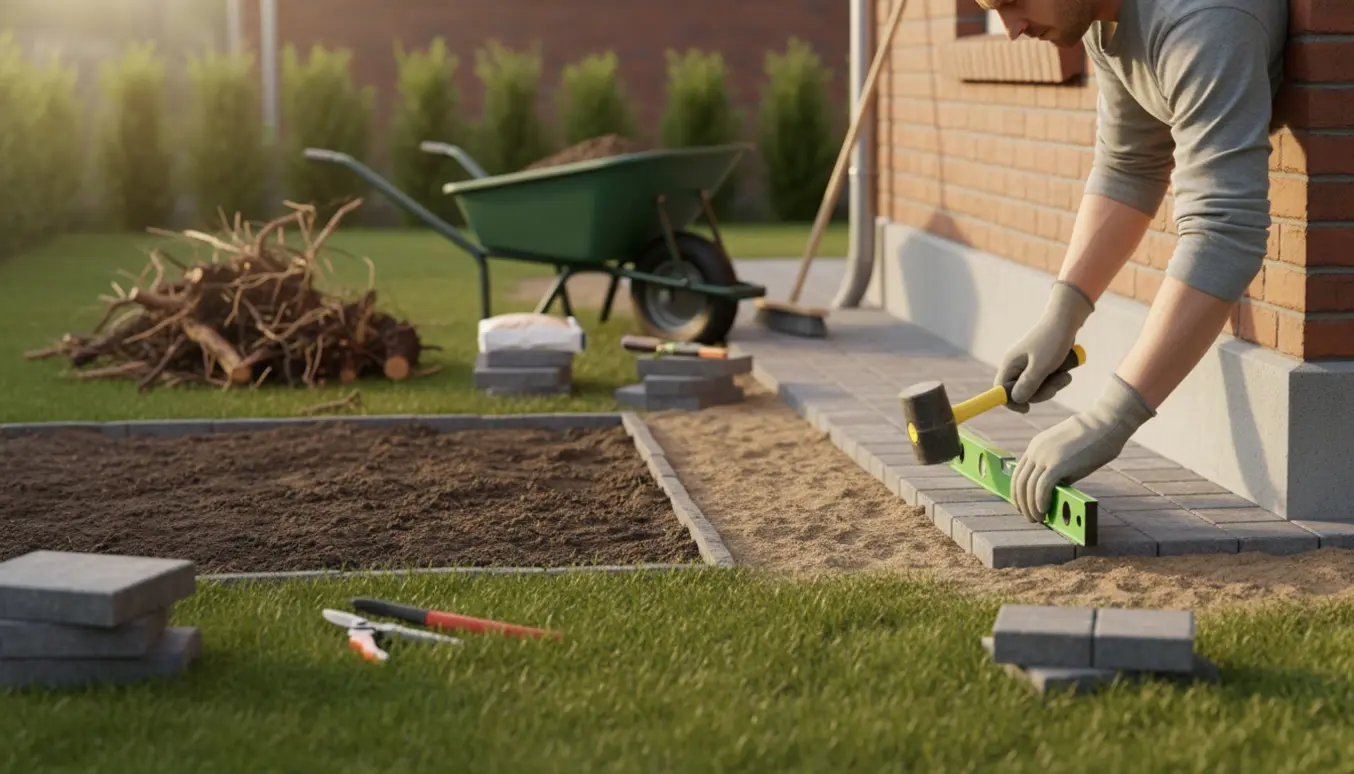 Nærbillede af fliselægning ved husmur med handske‑klædte hænder, redskaber og en bunke beskårne grene ved siden af.