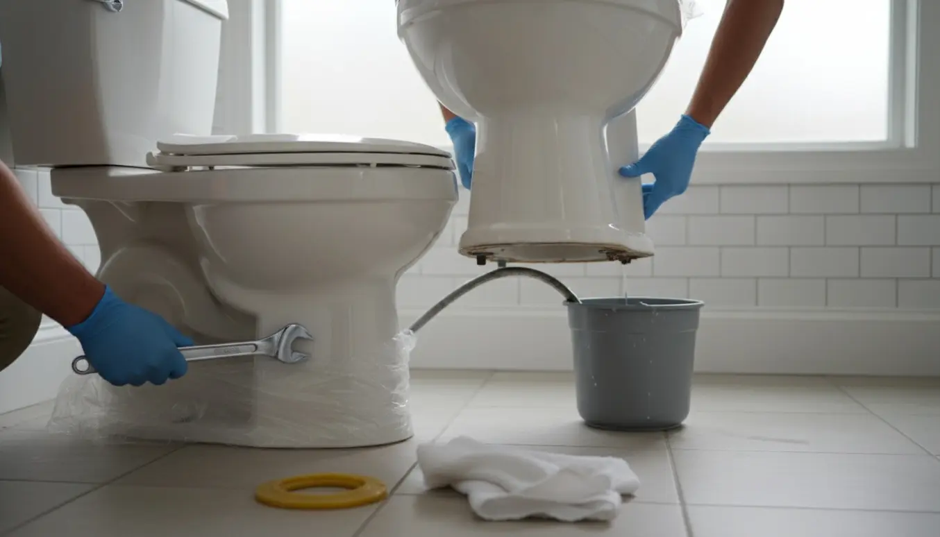 Installatør udskifter et gulvstående toilet i rækkehusbadeværelset, nyt toilet klar til montering.