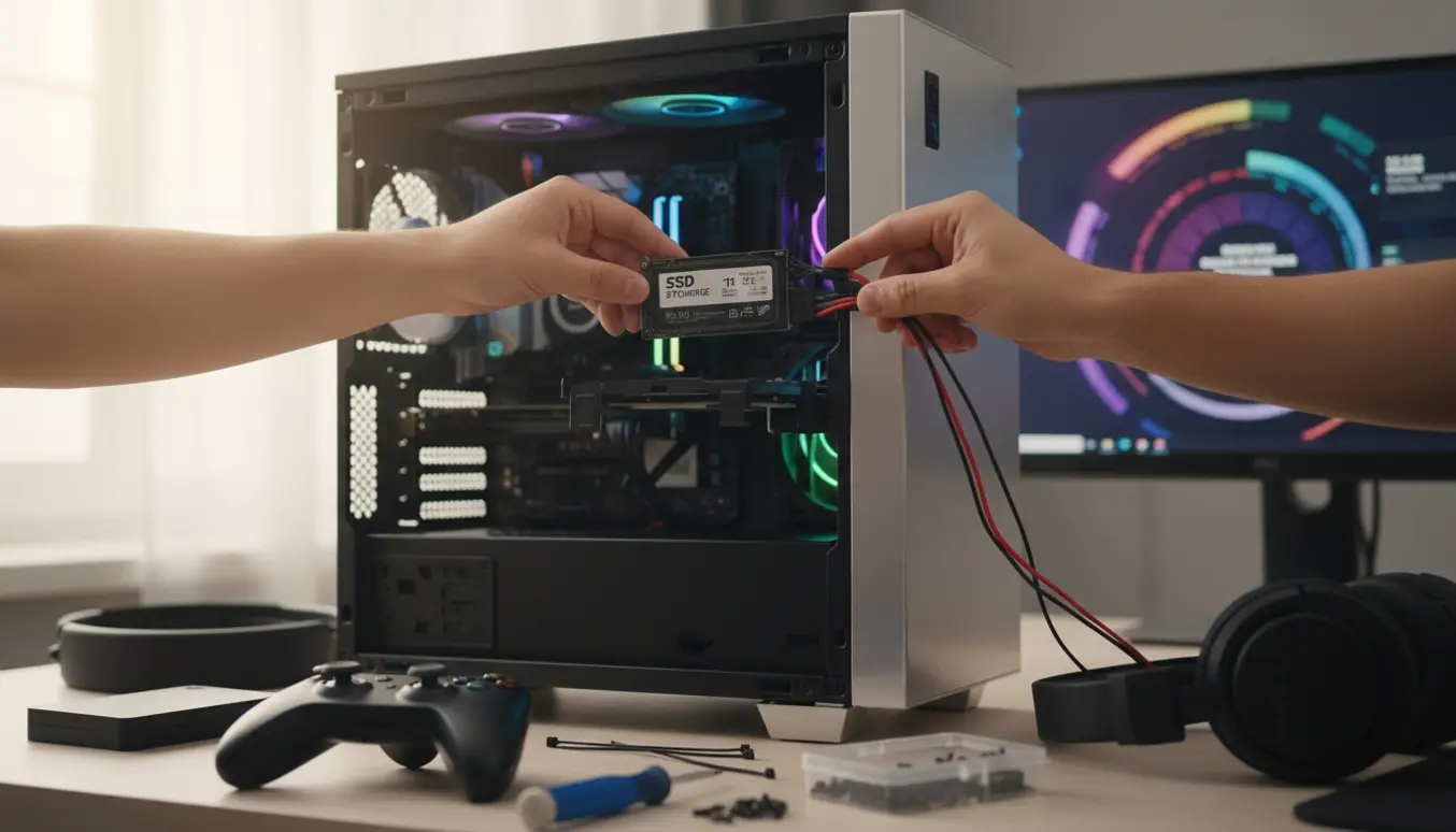 Hænder installerer en ny SSD i en åben stationær computer på et skrivebord med spiludstyr.