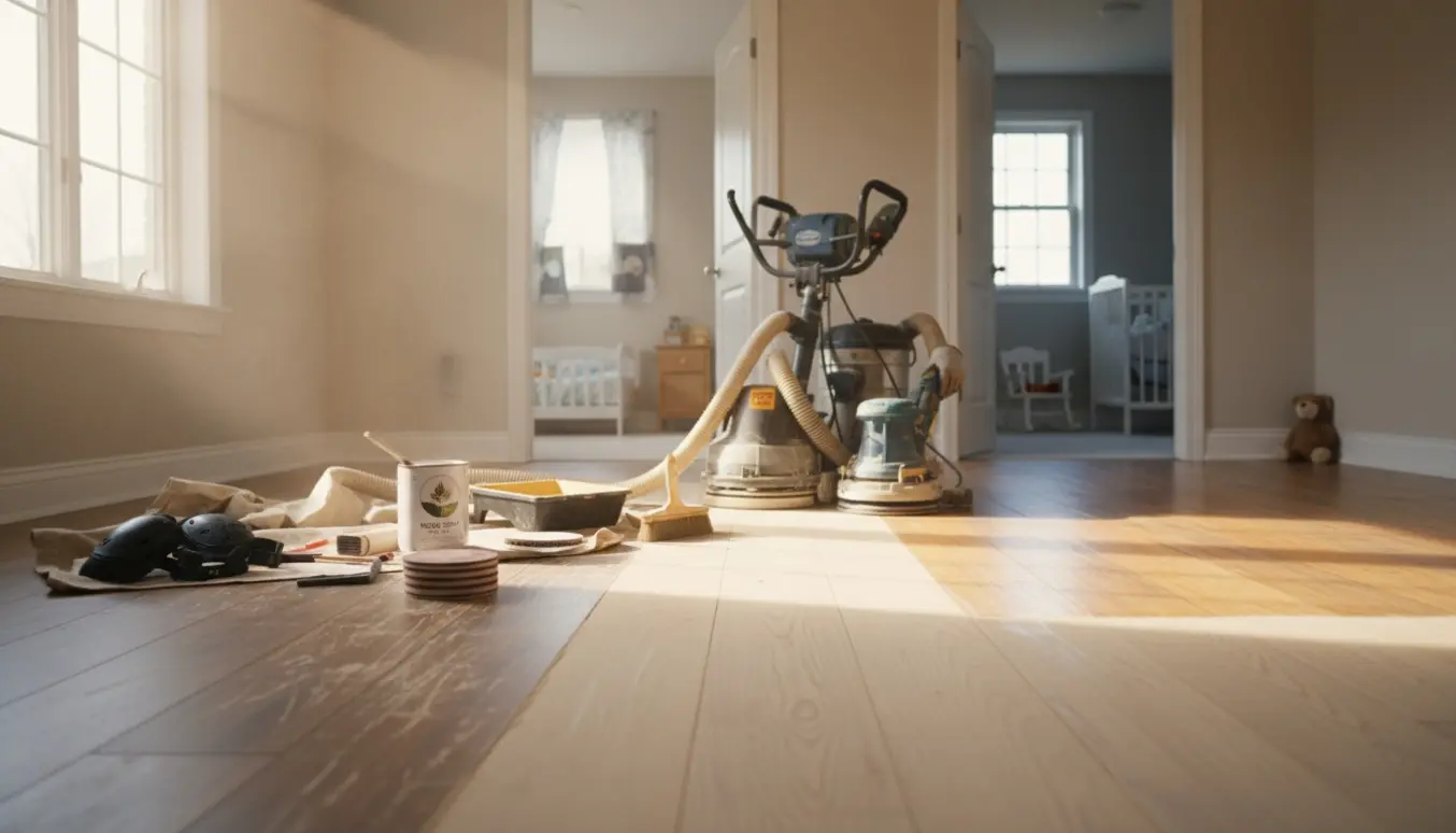 Slibning og efterbehandling af lyst sæbebehandlet trægulv på førstesal i et parcelhus.