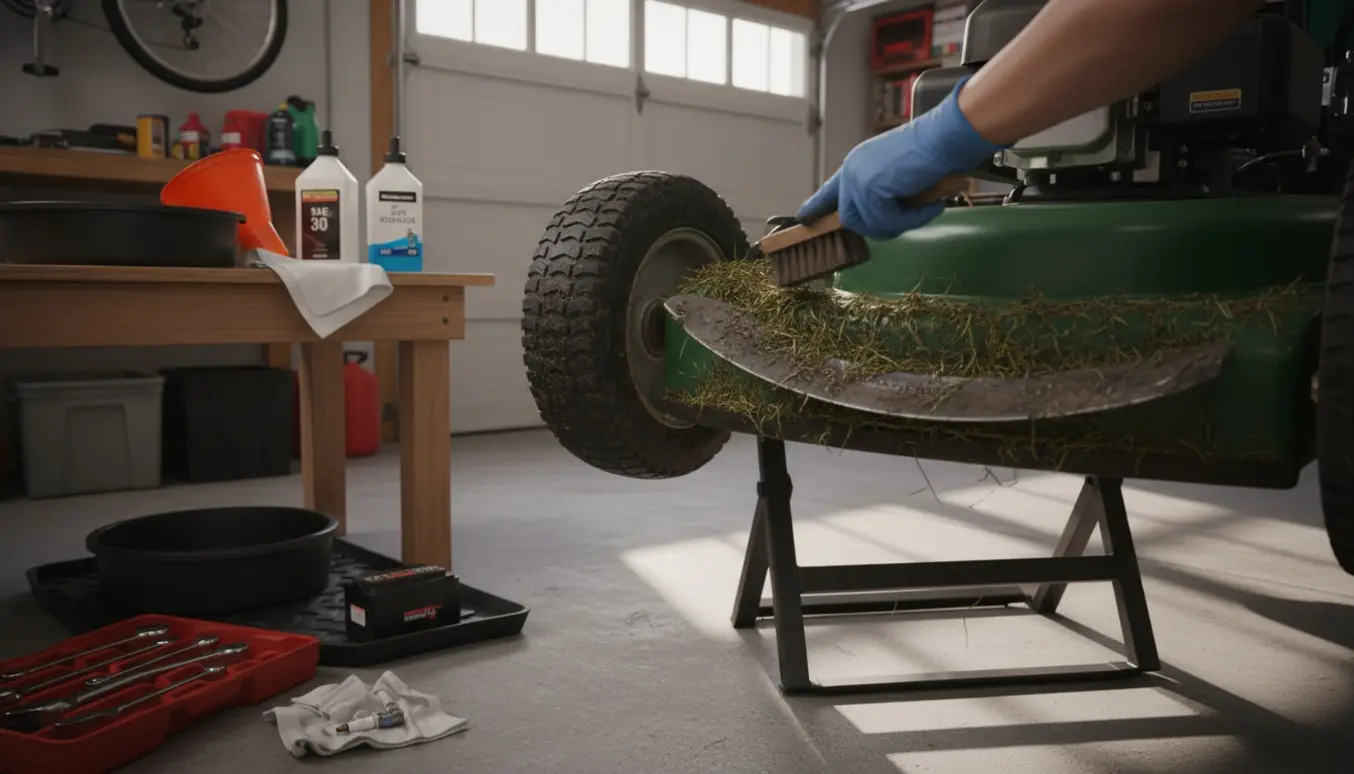 Handskerede hænder rengør og vinterklargør en plæneklipper i en lys, ryddelig garage.