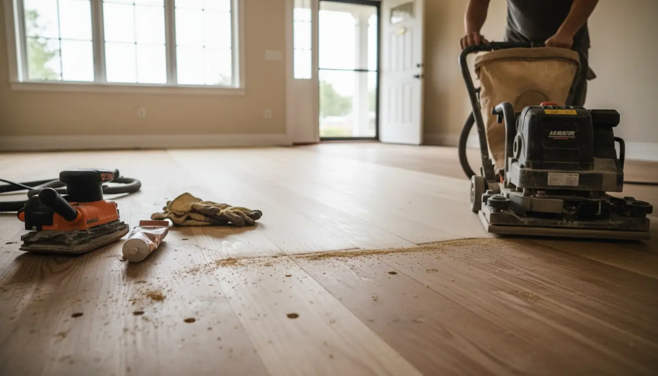 Delvist slebet massivt fyrretræsgulv i en stue med slibemaskine og værktøj klar til lakering.