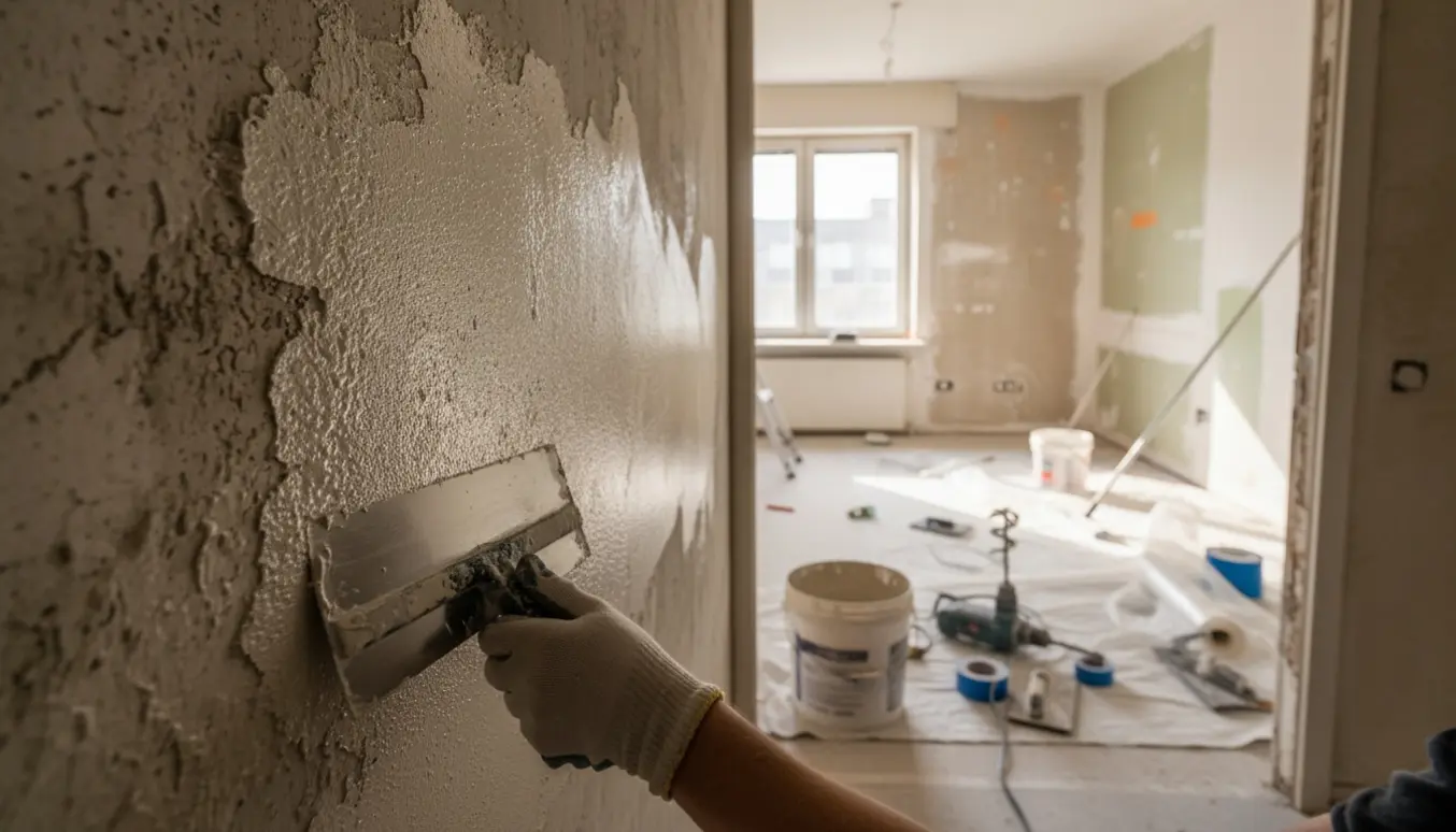 Hænder glatter spartelmasse ud på en rå betonvæg i to sammenhængende værelser.