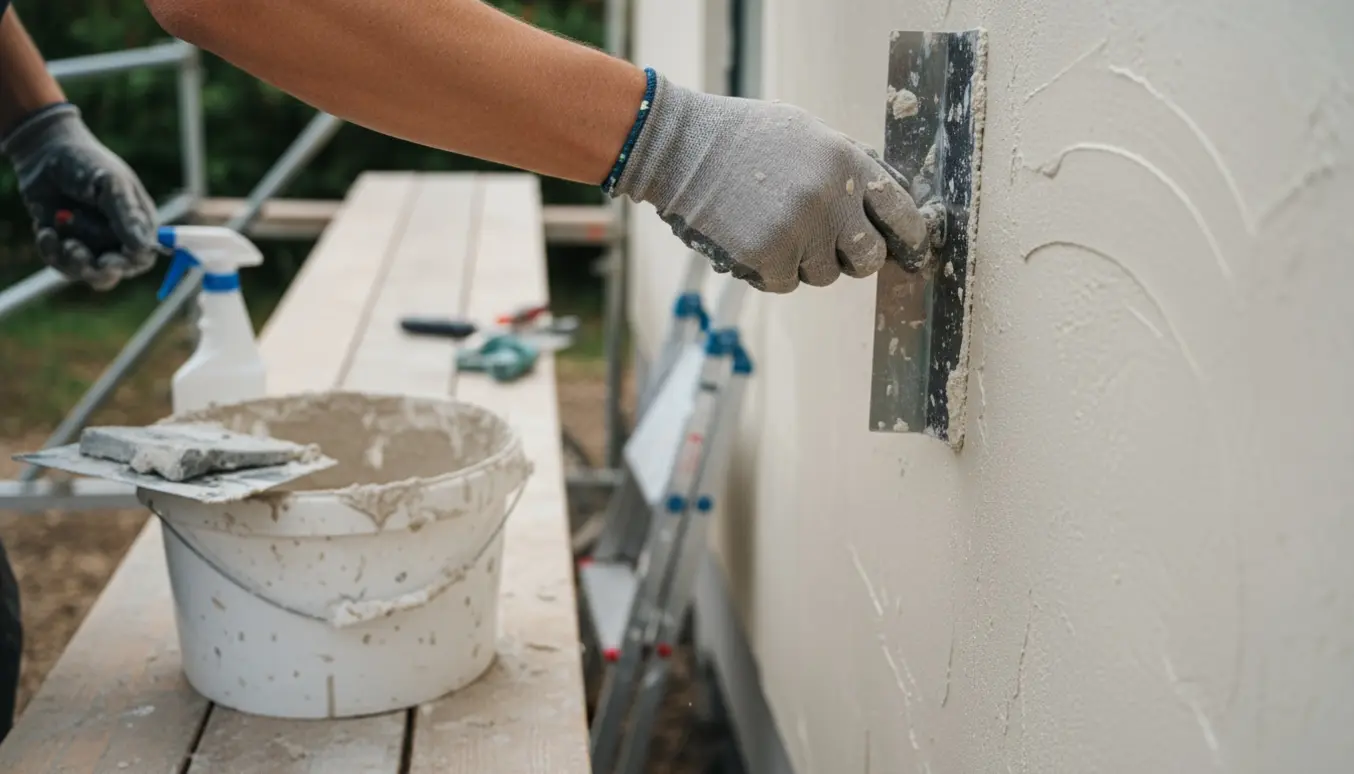 Nærbillede af håndværker, der vandskurer en husfacade med spartel og svamp uden synligt ansigt.