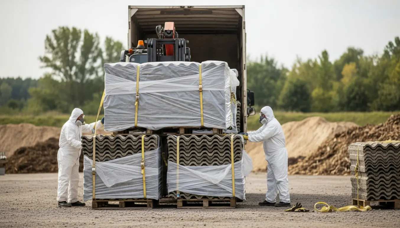 Lastbil læsses med indpakkede bølgeeternitplader ved et deponi, arbejdere i beskyttelsesdragter sikrer lasten.