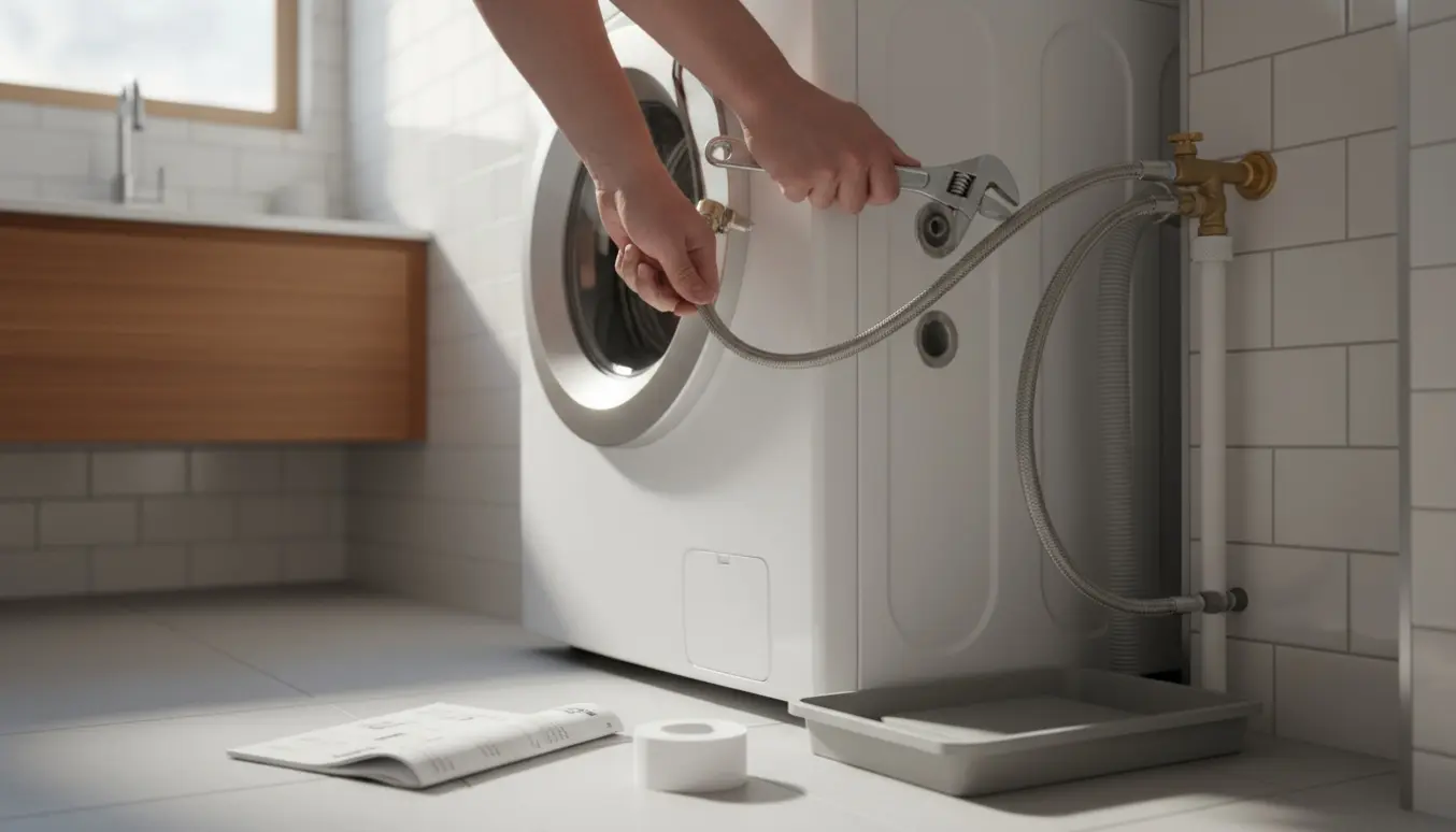 Hænder tilslutter vandforsyningsslanger til en ny vaskemaskine i et lyst badeværelse.