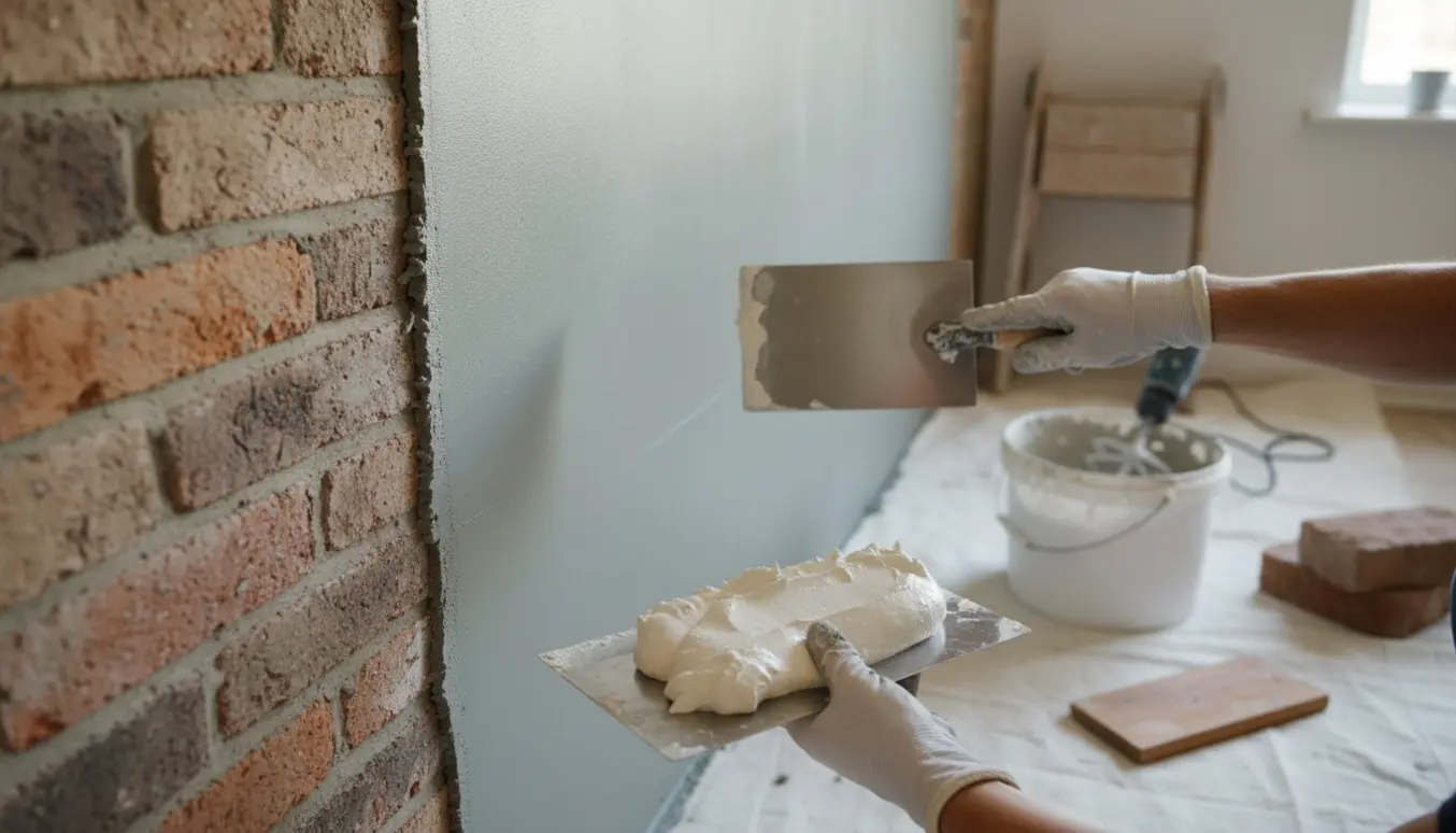 Hænder pudser en mindre murstensvæg, med halvt rå mursten og halvt glat vådpuds.