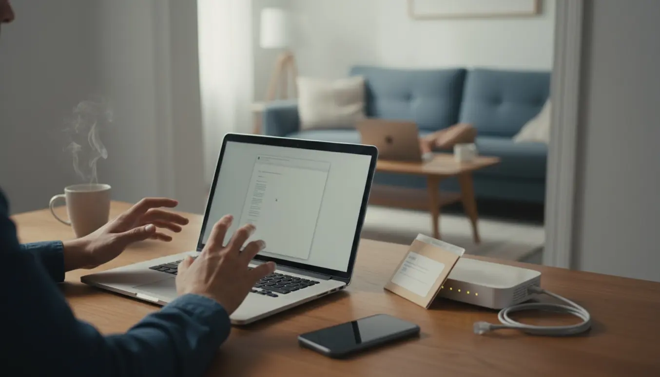 Hjemmekontor med en åben bærbar og hænder hvilende over tastaturet, mens en aktiv laptop ses gennem døren.