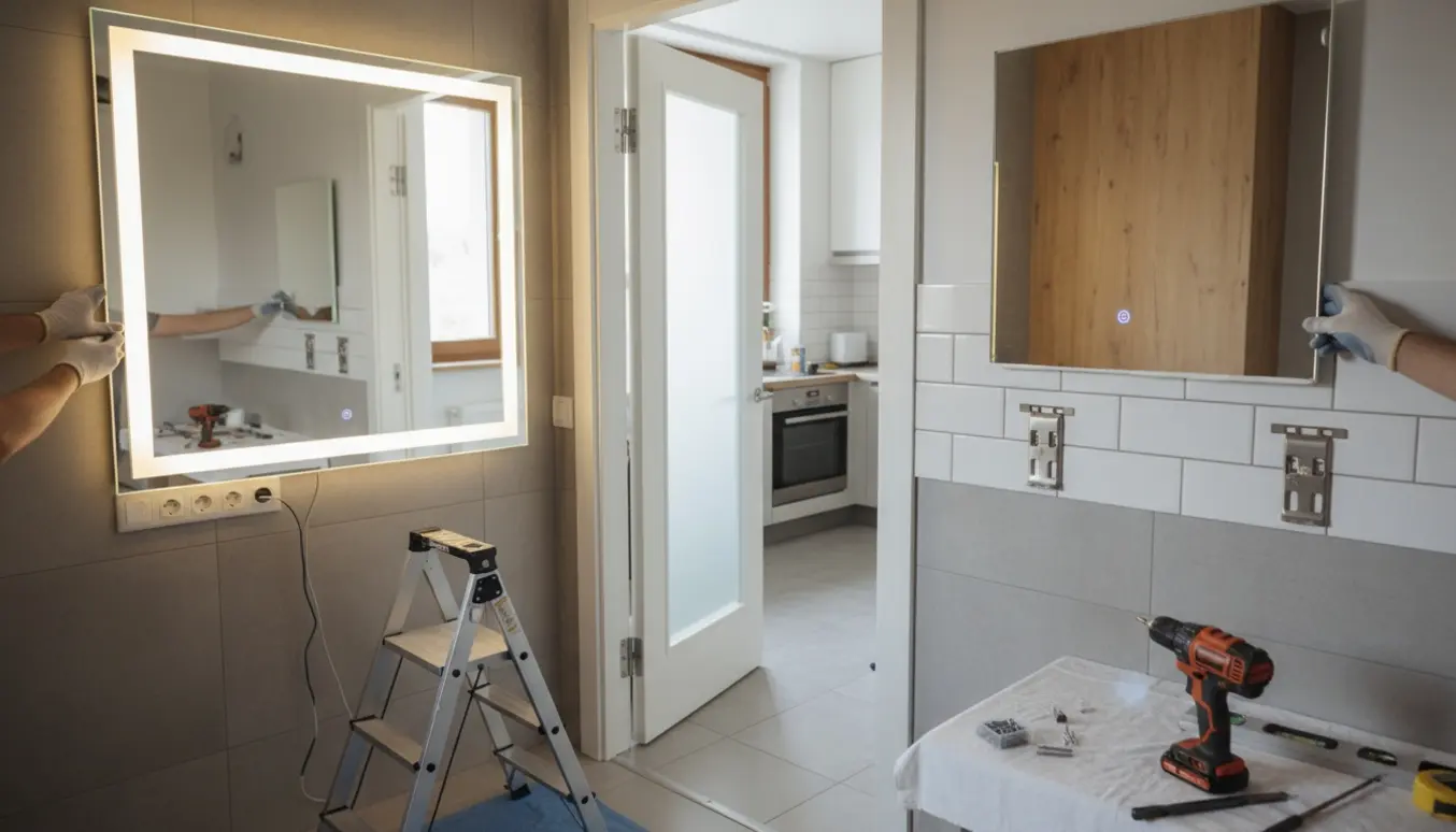 Hænder monterer et LED-spejl i badeværelset, mens plader skrues fast i køkkenet og fuges med en fugepistol.