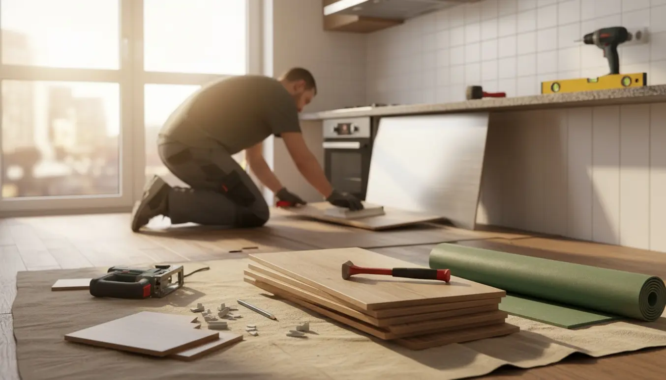 Arbejder lægger nyt laminatgulv og monterer en stålstænkeplade over komfuret i et lyst køkken.