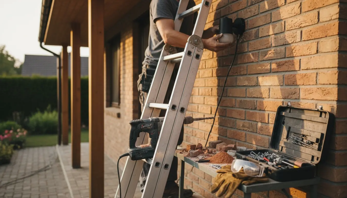 En håndværker monterer en udendørslampe fra en stige med en kraftig slagboremaskine og værktøj i forgrunden.