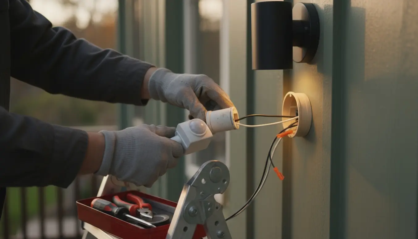 Nærbillede af handskerede hænder på en stige, der udskifter en udendørs bevægelsesføler ved en væglampe.