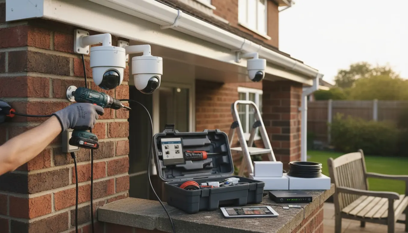 Installatør monterer udendørs sikkerhedskameraer med værktøj, kabler og mobilopsætning ved husfacaden.