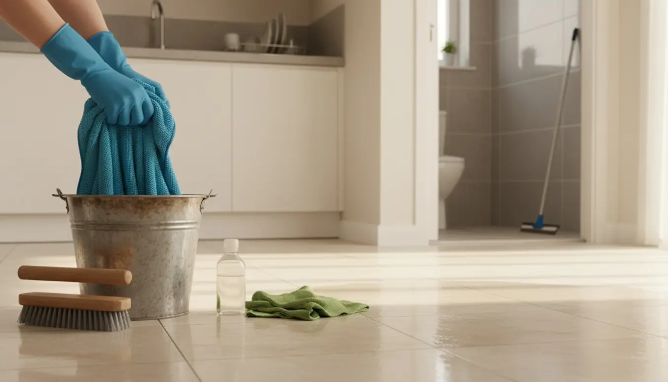 Hænder i handsker vrider en gulvklud over en spand foran et nyvasket køkken- og badegulv i et rækkehus.