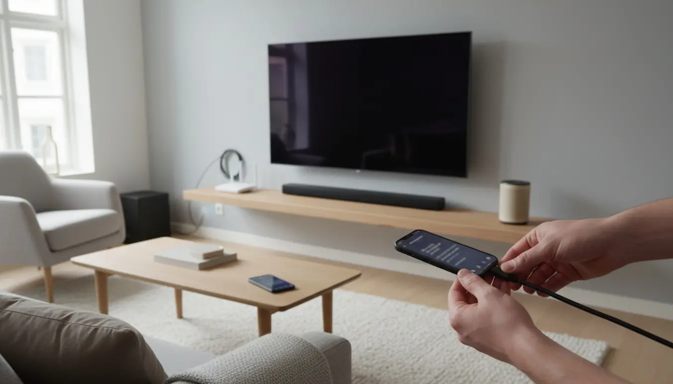 Hænder tilslutter en soundbar og trådløs højttaler til et fladskærms-tv i en lys, ryddelig stue.