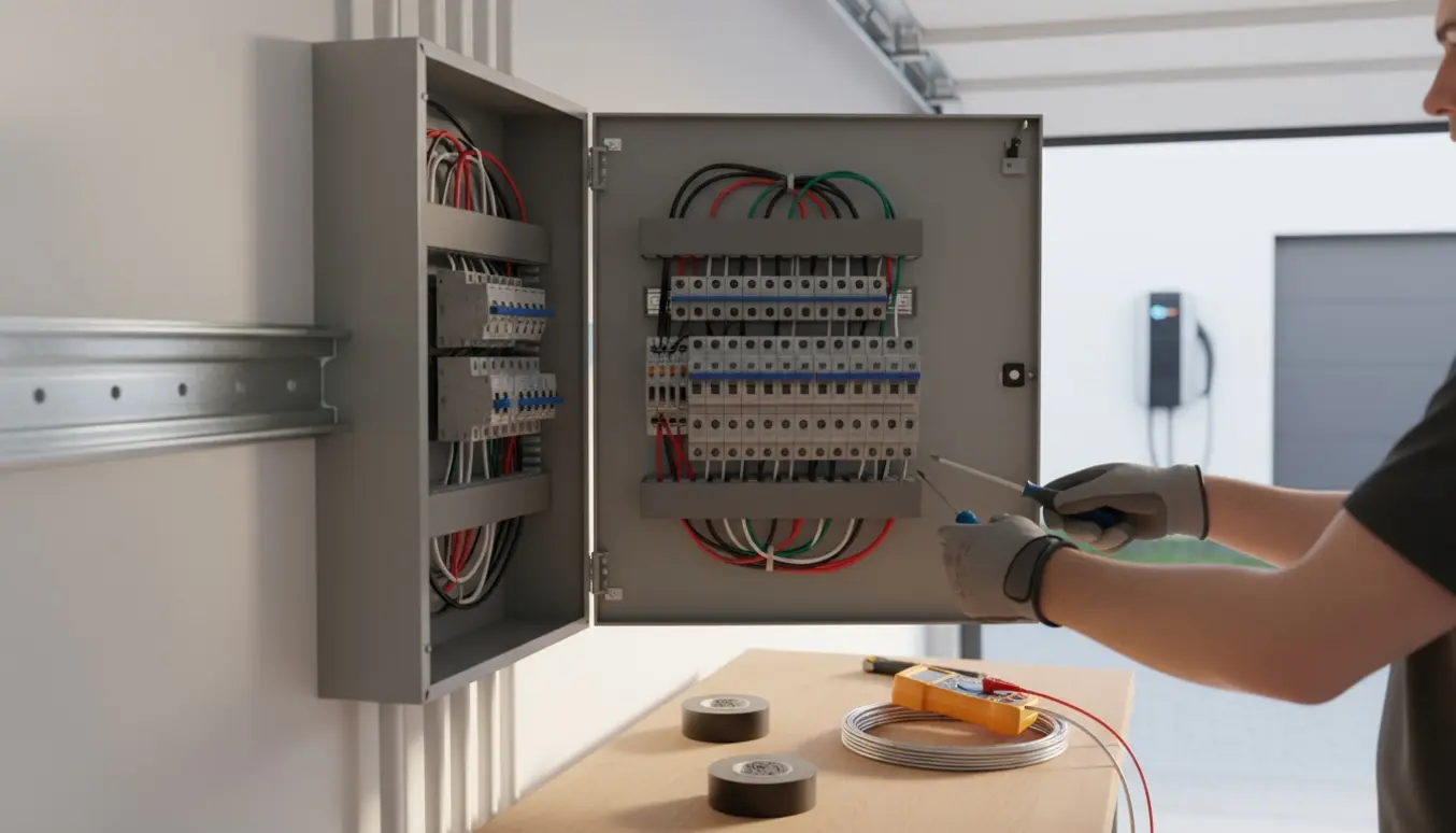 Ny eltavle bliver installeret i en garage, montørens handskerede hænder arbejder, og en elbil-ladeboks ses udenfor.