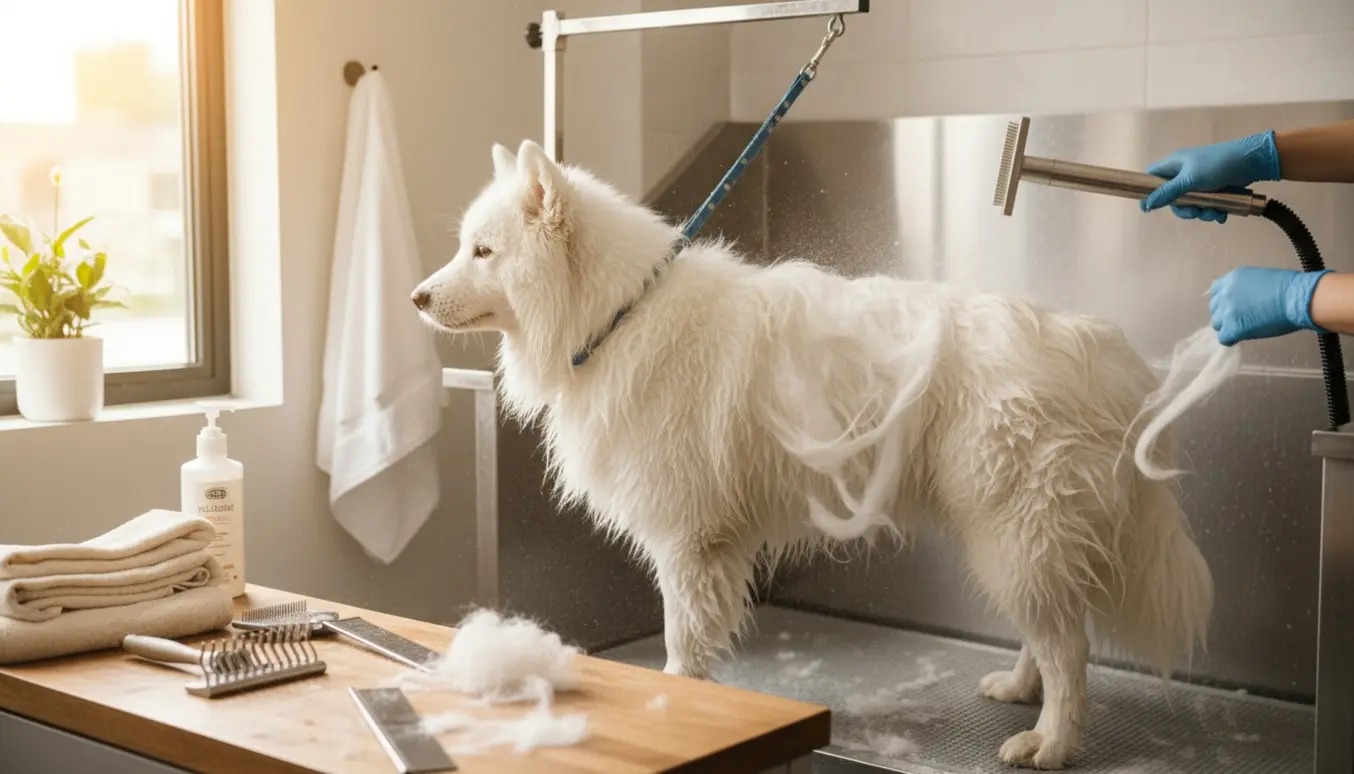 Samojede bliver vasket, grundigt børstet og føntørret i et lyst, rent plejeområde.