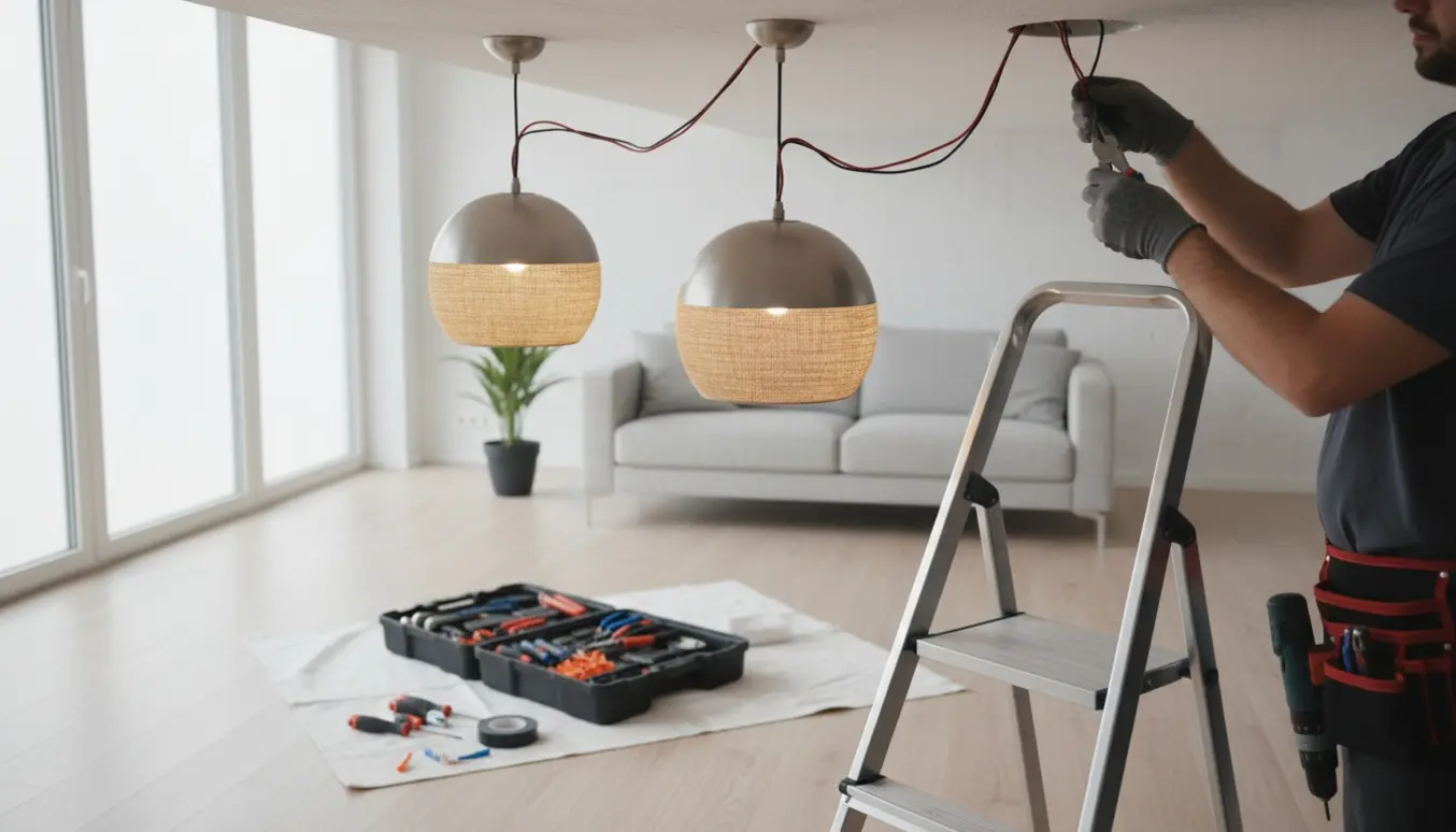 To lamper monteres i et lyst, moderne rum med stige og værktøj synligt.