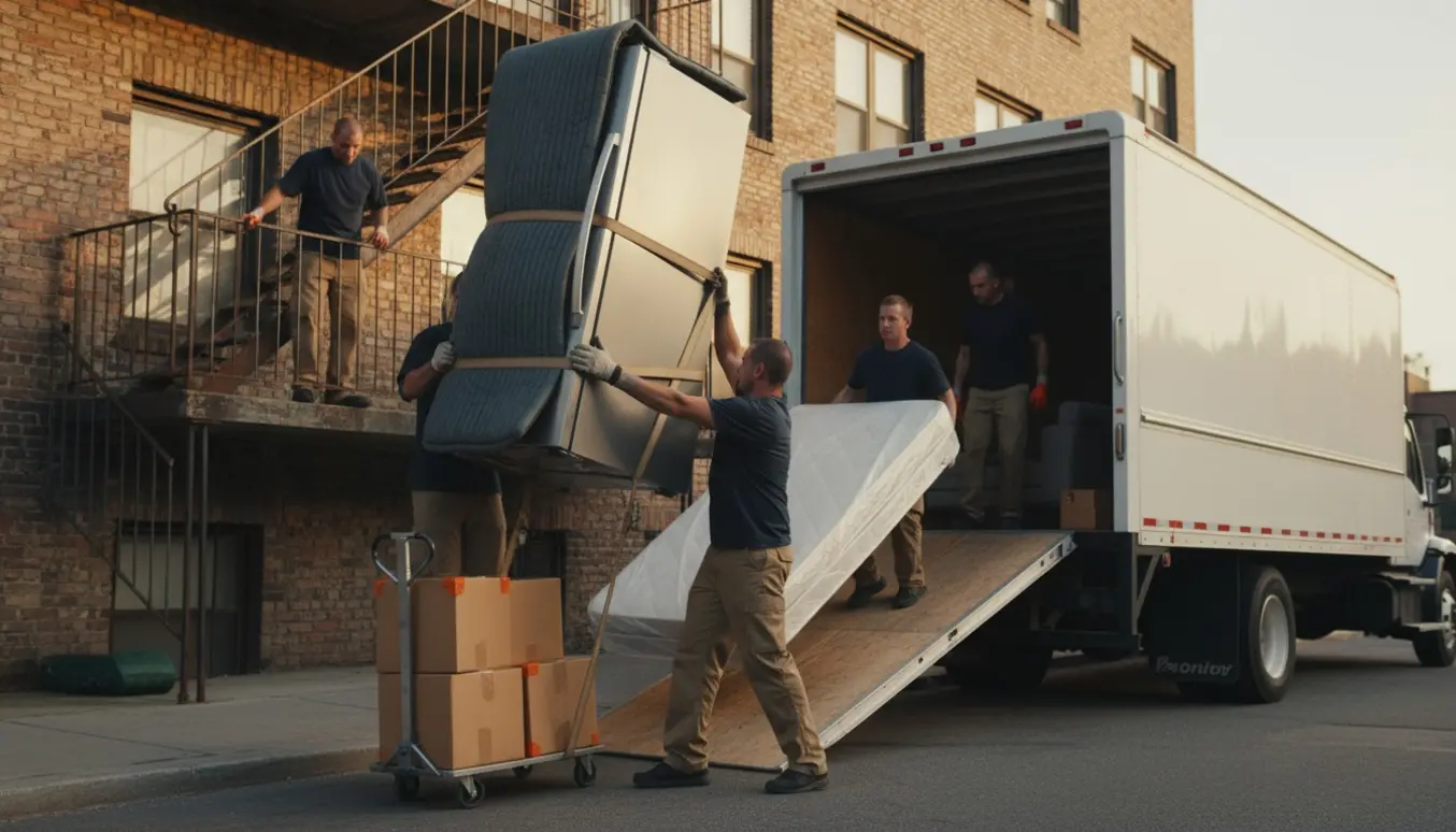 Flyttefolk sænker et køleskab fra en fjerde-sals altan og bærer madras og kasser ned mod en åben flyttebil.