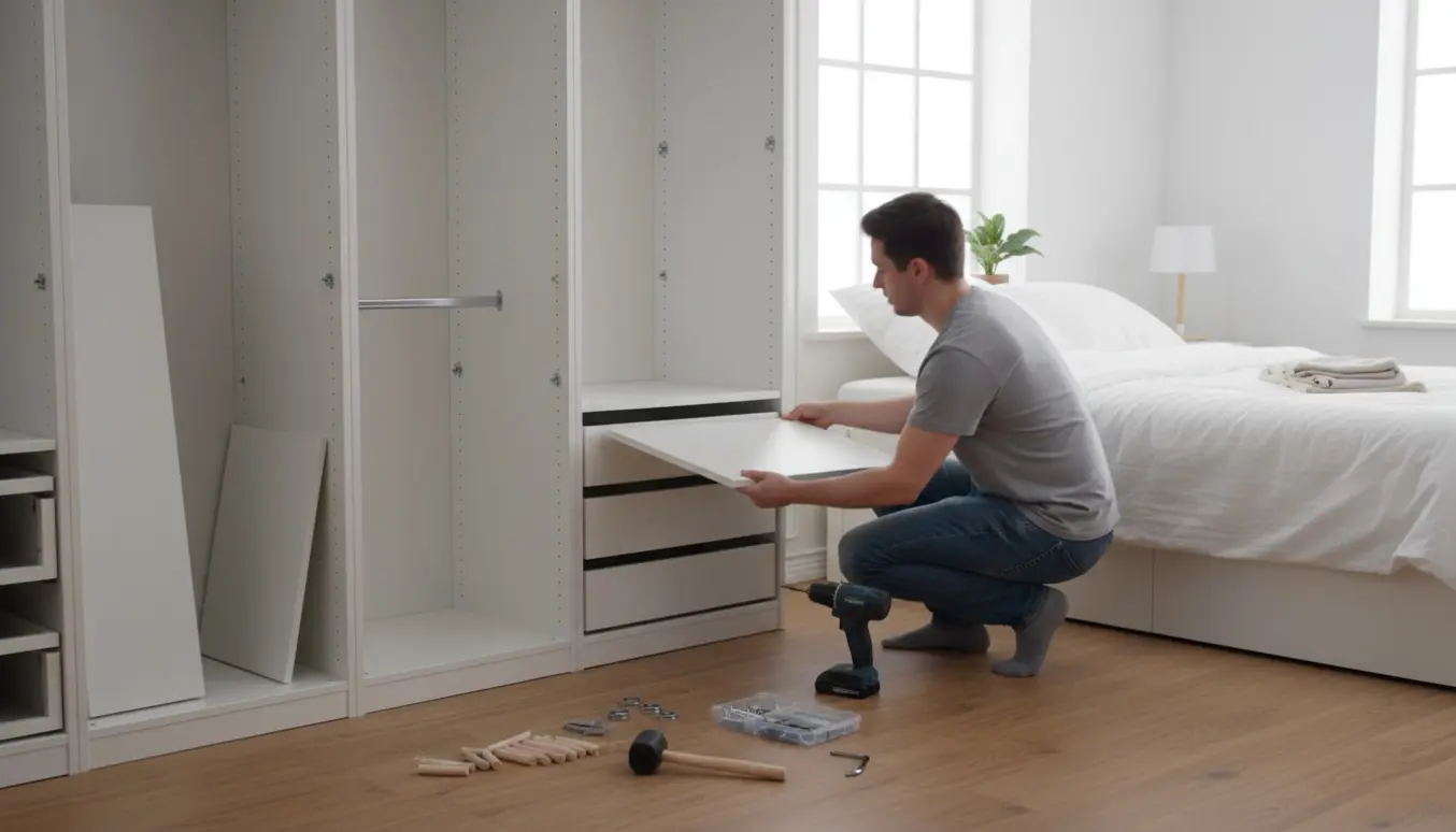 Halvfærdigt PAX-garderobeskab i lyst soveværelse med værktøj og hænder, der monterer en hylde.