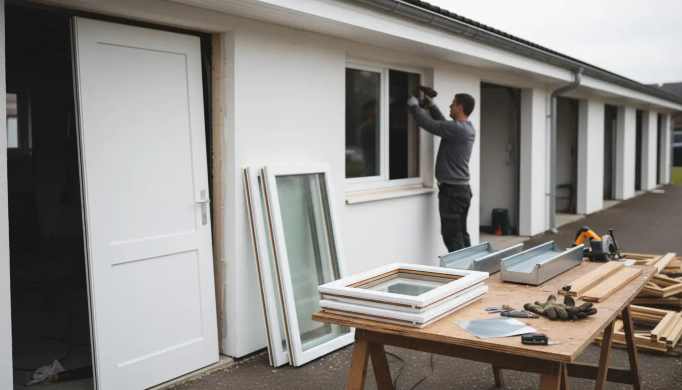 Tømrer udskifter hvide døre og vinduer i et garageanlæg med profilerede tagudhængsbrædder og zink-tagrender synlige.