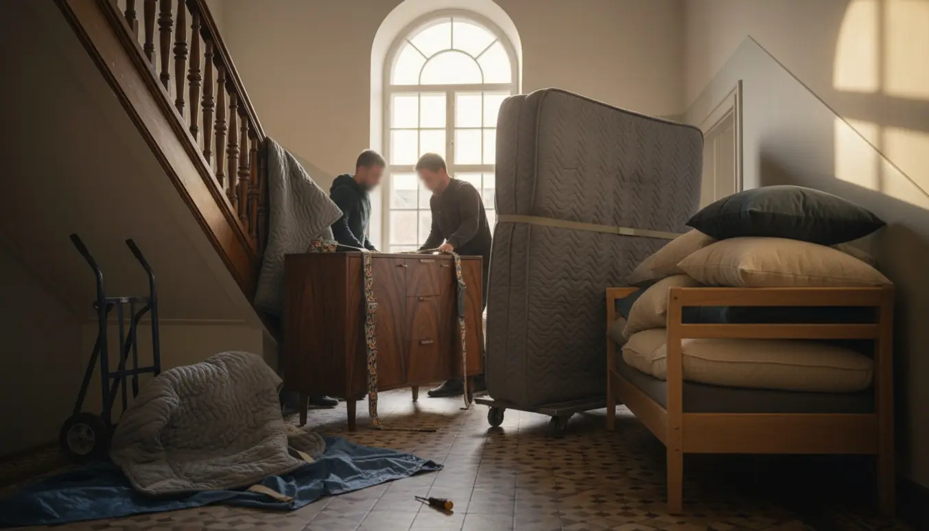 Flyttefolk løfter en massiv skænk i en lys trappeopgang med indpakkede madrasser og adskilte sofaelementer.