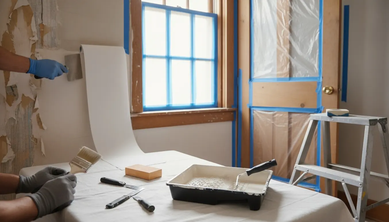 Indendørs billede af malerarbejde i et rækkehus med fjernet tapet, spartlede vægge, opsat filt og en hånd, der maler vinduesrammen.